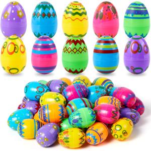 JOYIN 72PCS 2.3" Printed Empty Colorful Plastic Eggs Fillable, Bright Plastic Eggs Bulks for Festival Hunt, Filling Treats, Party Favor, Basket Stuffers, Classroom Prize Supplies