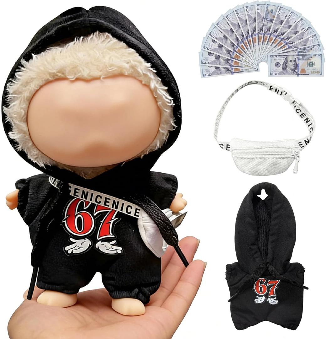 Street Style for LABUBU Clothes or LABUBU Outfits, 6-7 Graphic Hooded Romper with Fanny Pack,Streetwear Clothes for Collectible Dolls,Street Style Hoodie Outfit