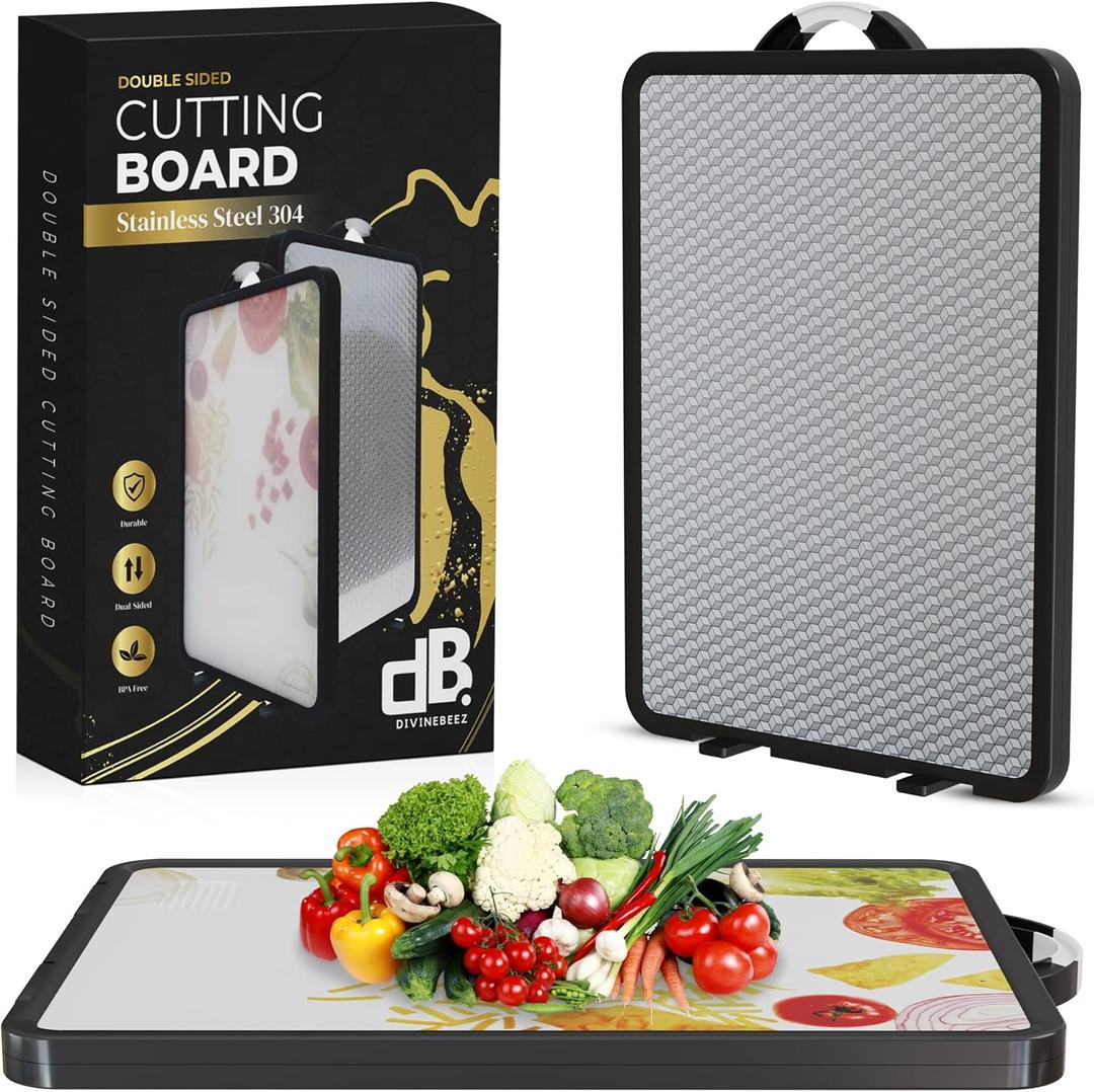 Stainless Steel Cutting Board for Kitchen, Double Sided Stainless Steel & Wheat Straw PP, Non Slip with Juice Groove, Anti-Scratch, Large Chopping Board for Kitchen (Vegetable-Themed Surface)