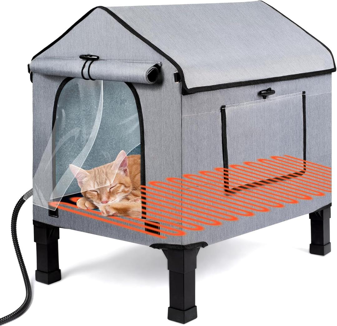 Heated Cat House for Outside, Waterproof Outdoor Cat Shelter with Thermostatic Pet Heating Pad for Winter, Large Elevated Pet Hetaing Bed with Rmoveable Canopy for All Seasons