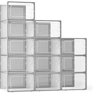 Kuject X-Large Shoe Storage Boxes Organizers Clear Plastic Stackable 12 Pack, Shoe Rack & Holder Substitute, Sneaker Containers, Toy Storage Organizer Bins for Entryway, Closet, Under Bed, Grey