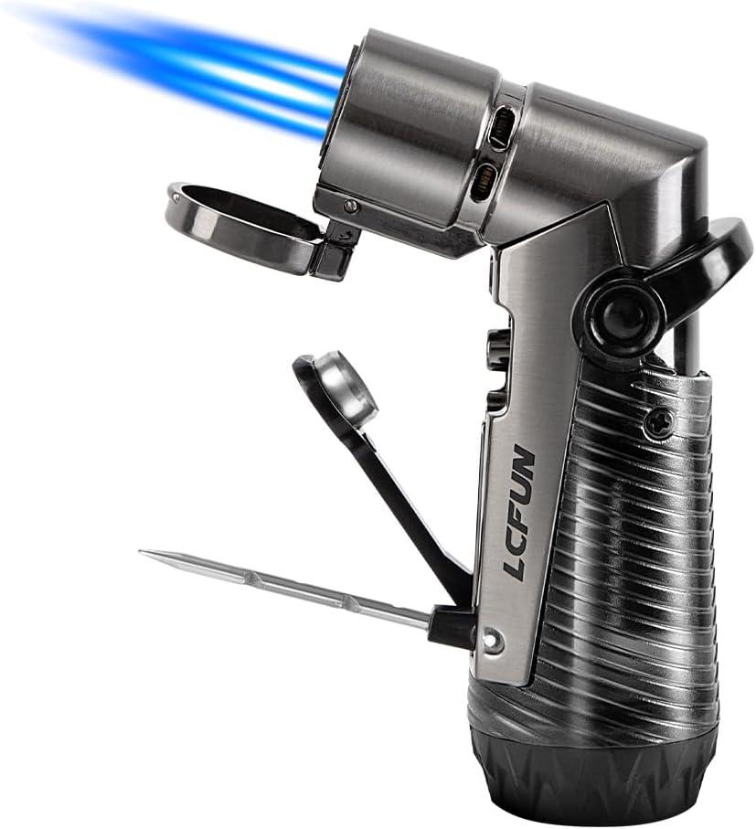 LcFun Torch Lighter Windproof Triple Jet Flame Butane Lighter with Punch and Draw Enhancer, Refillable Lighters for Camping Hunting Valentines Day Gifts for Him -BUTANE NOT INCLUDED