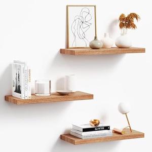 oridom Floating Shelves for Wall, Nature Wood Wall Shelf Set of 3, 16" Wall Mounted Floating Shelf for Kitchen, Living Room, Bedroom, Bathroom Storage, Book Shelf for Wall Home Decor, Frame Display
