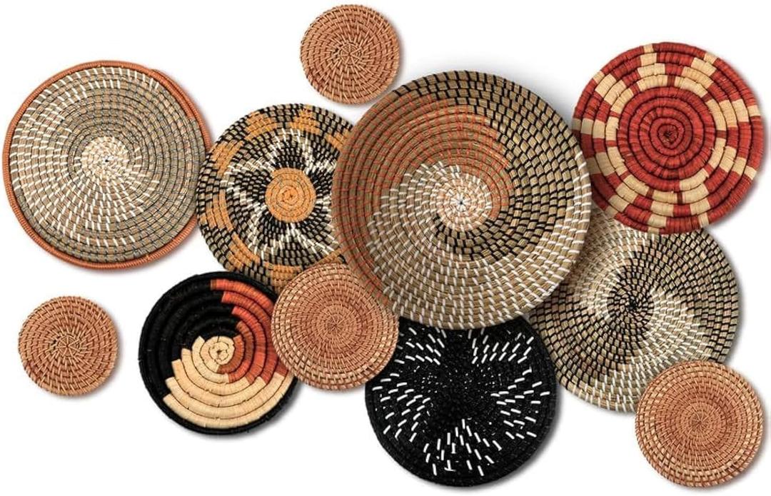 Tatuo 11 Pcs Boho Wall Basket Decor Bulrush Woven Wall Hanging Art Round Farmhouse Rustic Handmade Wicker for Summer Home, Bedroom, Living Room, Kitchen Decorations, Multi Sizes(Classic)