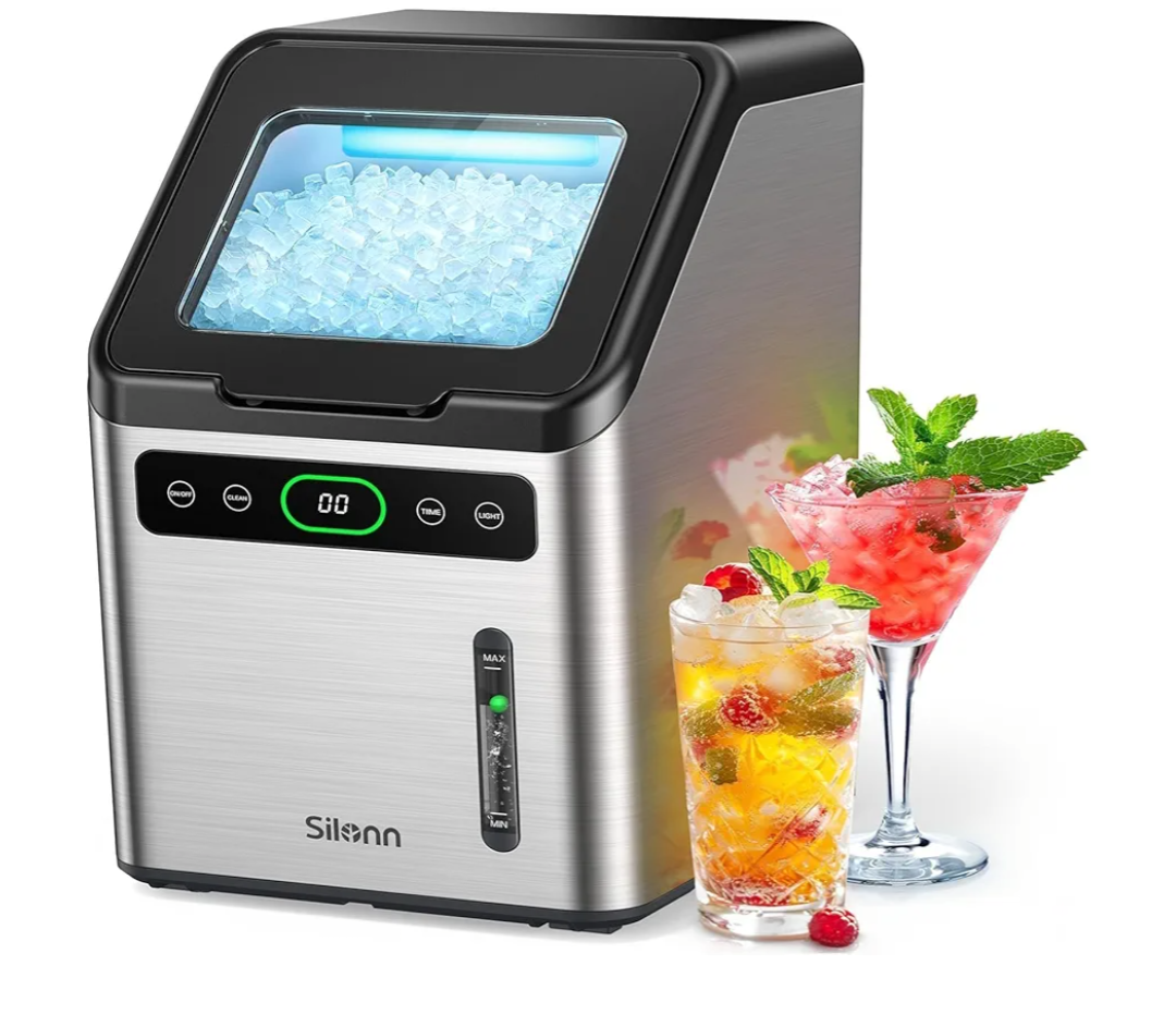 Silonn Nugget Ice Makers Countertop,Timer Pebble Ice Maker with Soft Chewable Ice, 44lbs per Day Ice Machine with Self-Cleaning,One-Click Operation, Stainless Steel