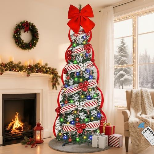Uspring 6 FT Pop Up Christmas Tree with Lights, Artificial Collapsible Christmas Tree with Remote Control & 200 Colorful LED Lights, Pre Decorated Surround Ribbon, Ball Ornaments, Holiday Party Decor