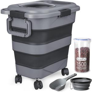 Dog Food Storage Container10-25 lbs Airtight Collapsible Cat Food Storage Container with Attachable Wheels, Portable Handle, Dog Food Scoop for Dog Cat Bird Pet Dry Food Storage Bin Dark Grey (Large)