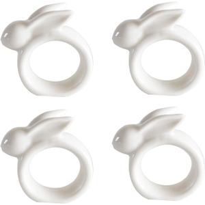 Easter Rabbit Porcelain Napkin Rings, Set of 4 Vintage White Bunny Ceramic Napkin Rings for Easter Dinner Weddings Parties, Handmade