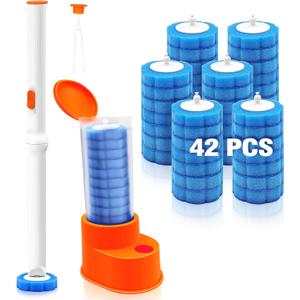 JEHONN Disposable Toilet Brush with Tweezers, Toilet Bowl Wand Holder Set with 42 Cleaner Refills, Bathroom Cleaning System for Sink Bathtub Wash Basin (White Orange)