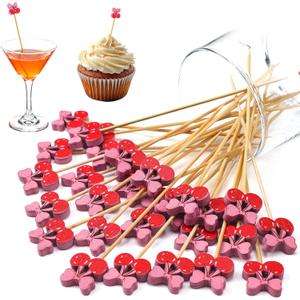 Tioncy 100 Pcs Cherry Bow Cocktail Picks Swizzle Stick Toothpicks 4.72 Inch Long Bamboo Fancy Toothpicks for Appetizers Drinks Birthday Bridal Wedding Baby Shower Party Decoration