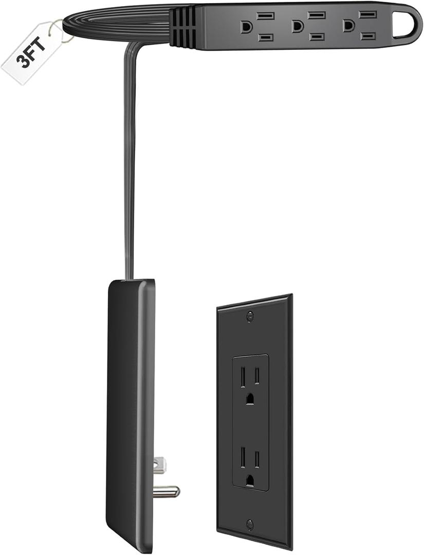 3FT Ultra Flat Plug Extension Cord Power Strip with 3 Outlets, Patented Detachable Ultra-Thin Outlet Cover Concealer & Ultra-Flat Plug, Max. 13A 125V 1625W ETL Listed, Black Color