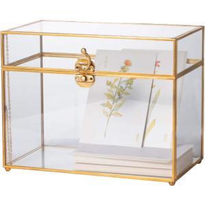NCYP Small Glass Card Box with Lid for Wedding Reception - 9.8" x 5.6" x 7.7" - Rectangle Storage Terrarium for Party Wishwell Keepsake, Gold, Tabletop Decor (Glass Box Only, No Slot, No Lock)