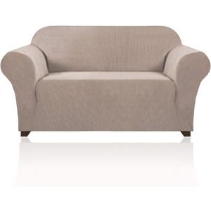 PrinceDeco Stretch Loveseat Sofa Cover Slipcover Couch Cover for 2 Cushion Sofa Washable Sofa Cover for Pets Friendly Furniture Protector Covers with Non Slip Bottom(Loveseat, Sand)