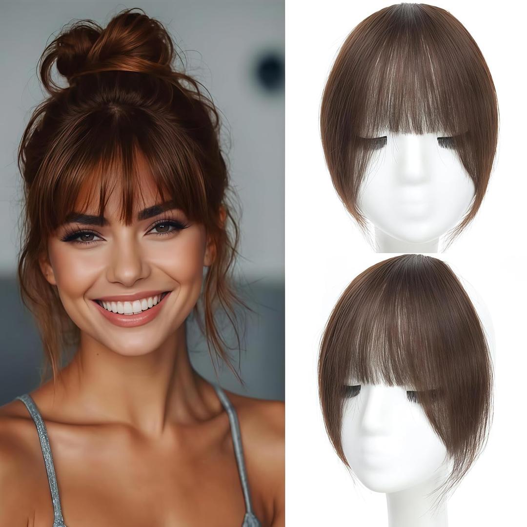 Clip in Bangs, 100% Real Human Hair French Fake Bangs Hair Clip for Women Brown Natural Curtain Fringe with Temples Hairpieces for Daily Wear（French,Brown）