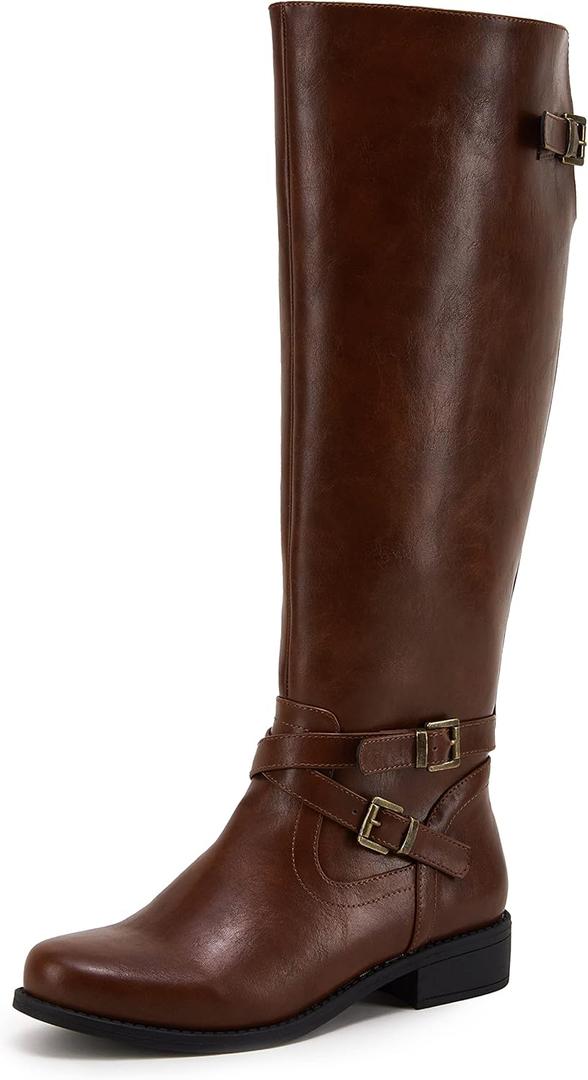 Ermonn Womens Knee High Boots Wide Calf Flat Low Heel Side Zipper Faux Leather Fashion Winter Riding Boot (7.5, Brown)