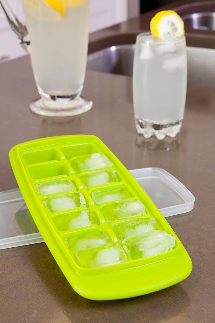 Joie Standard Ice Cube Tray, Covered and Stackable, No-Spill Removable Lid, Pop Open Door for Easy Refills, Keeps Ice Fresh, Freezer Durable, Dishwasher Safe, Green