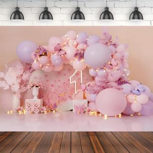 Girl 1st Birthday Balloon Photo Background Pink Balloon Butterfly Newborn Birthday Party Decoration Princess Girl Newborn Christening Backdrop Baby Shower Cake Smash Backdrop (7X5FT), Clear