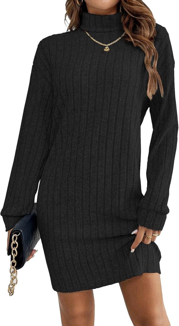 HBQ Women's Pullover Sweater Dress Casual Turtleneck Ribbed Long Lantern Sleeve Mini Knit Dresses 2025 Fashion (Black)