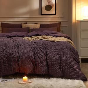 JELLYMONI Purple Duvet Cover Full Size, 3pcs Washed Microfiber Bedding Set, Soft Breathable Seersucker Duvet Cover Set with Zipper Closure and Corner Ties for All Seasons (Full(80"90"))