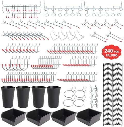 FALPRO 240PCS Pegboard Hooks Assortment, Pegboard Organizer Kit with Bins, Cups, 1/8 and 1/4 inch Hooks for Hanging Tools, Garage Wall Organization