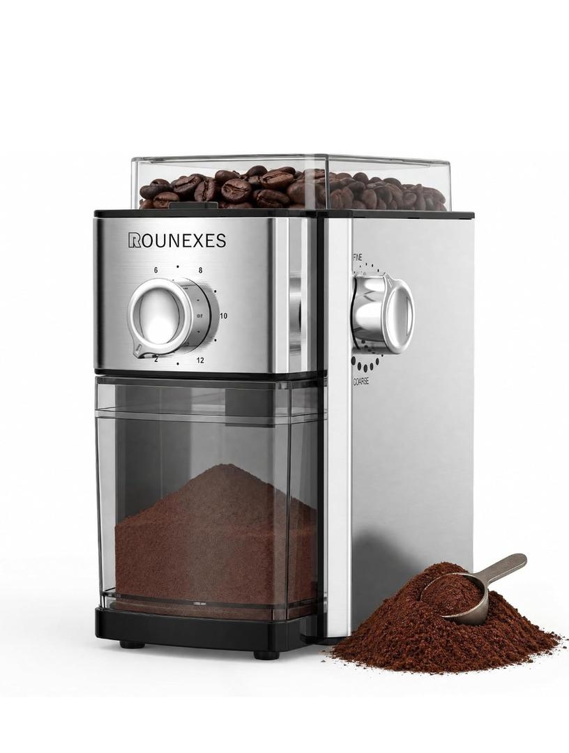 Flat Burr Coffee Grinder Electric,Adjustable Coffee Grinder for Home Use, Burr Mill Grinder with 17 Levels, Large Bean Hopper & Removable Container, silver