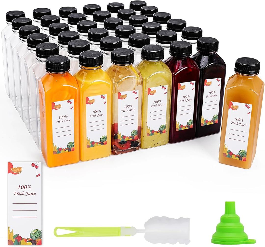 OBKJJ Plastic Juice Bottles 150 pcs 16 oz Empty Plastic Water Bottles with Caps Reusable Clear Beverage Containers for Drinking, Juicing, Smoothie, Water with 2 Brushes, 2 Funnels (16-OZ)