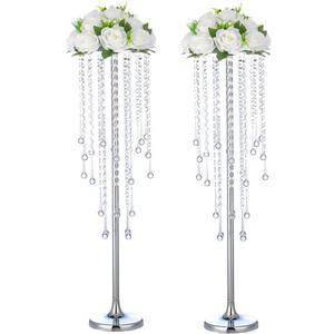 Wedding Centerpieces for Tables, 2Pcs Tall Metal Flower Vases with Chandelier Crystal, 29.5in Silver Flower Stand Centerpieces for Tables Wedding Reception Birthday Party Events Home Decor (2L)