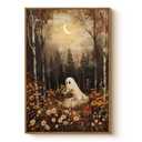 Vintage Cute Ghost Holding Flowers 16x24 Halloween Wall Art, Autumn Birch Forest Crescent Moon Framed Canvas Print, Cozy Orange Flowers Artwork Rustic Fall Spooky Bedroom Home Decor