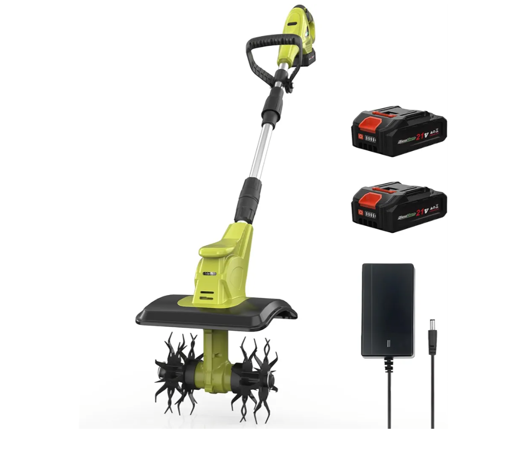 20V Cordless Tiller Cultivator with 48 Steel Tines, 9-inch Wide Battery Powered Garden Cultivator, Mini Tiller for Lawn/Gardening/Soil Cultivation(2*2Ah Battery and Fast Charger Included)