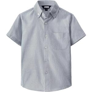 JOGAL Boys Button Down Shirt Short Sleeve Oxford Dress Shirts Casual Striped Tops for 6-14 Years (Navy)