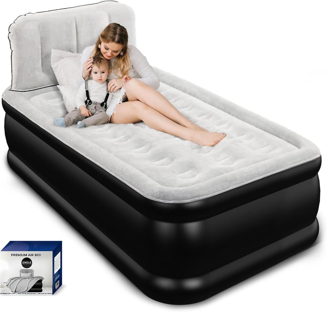 Twin Air Mattress with Headboard, Built-in Pump, 600 lbs Heavy-Duty Support, 48-Hour Leak-Tested PVC, 19" Raised Comfort Design, 2.5 Min Fast Inflation, Inflatable Mattress for Home, Guests & Camping (Grey)