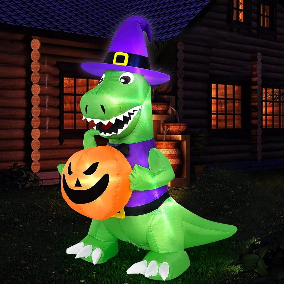 TURNMEON 4 Ft Halloween Inflatables Outdoor Decorations, Blow Up Witch Dinosaur Holding Pumpkin Built-in LEDs Lights Holiday Decor for Indoor Yard Lawn Garden