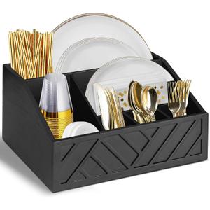 Ukonvi Paper Plate Dispenser, Paper Plate Holder for Kitchen Counter, Wood Rustic Silverware Utensil Caddy, Cutlery Flatware Organizer Box for Cups Spoons Forks Plates Napkins, Kitchen Accessories
