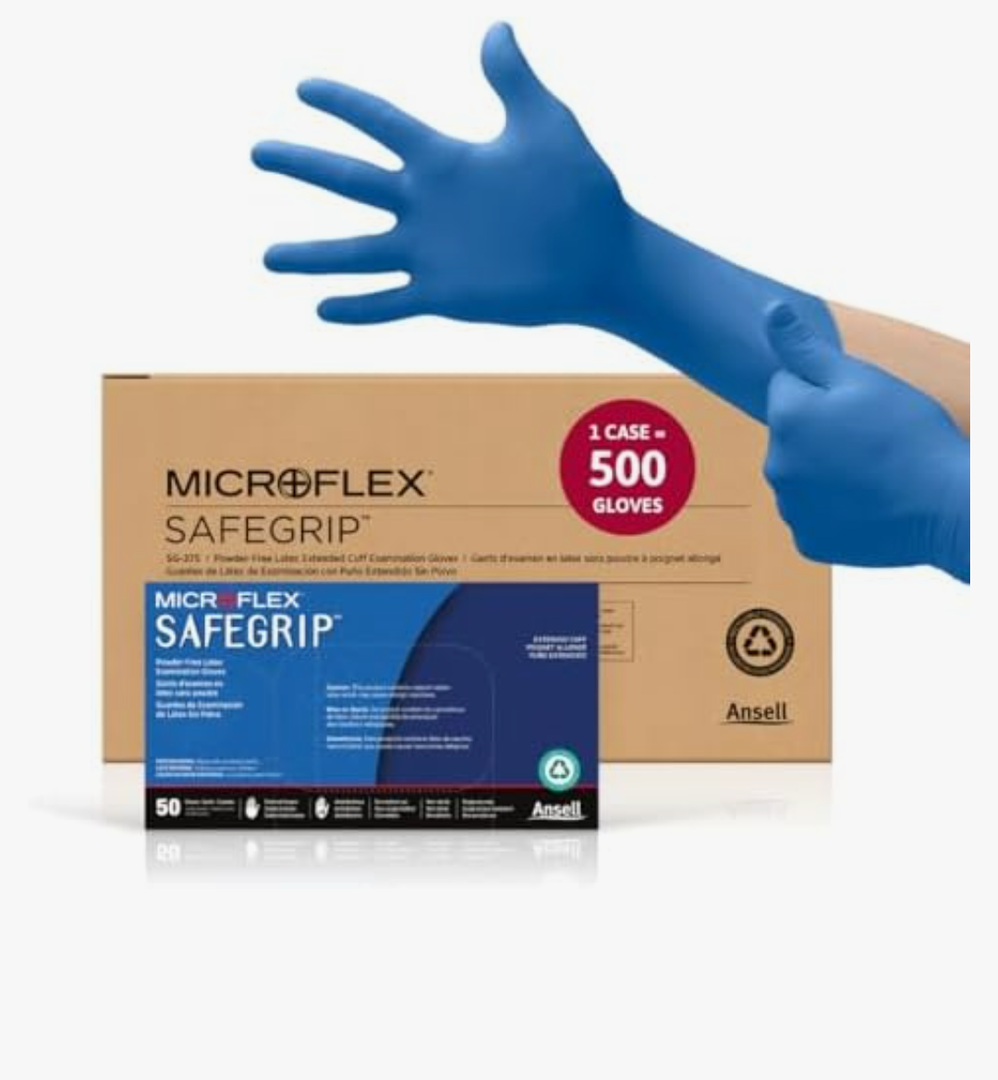 Ansell MICROFLEX SafeGrip SG375 Extra Thick Disposable Latex Gloves for Life Sciences, Automotive w/Textured Fingertips  Small, Blue (Case of 500)