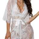 Sexy Lingerie for Women Lace Kimono Robe Mesh Chemise Nightgown Lace Robe (Small, White)