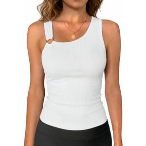 SANDERY Womens Tank Tops Summer Asymmetrical Oneshoulder Neck Ribbed Racerback Sleeveless Button Y2K Blouses Top (White, L)