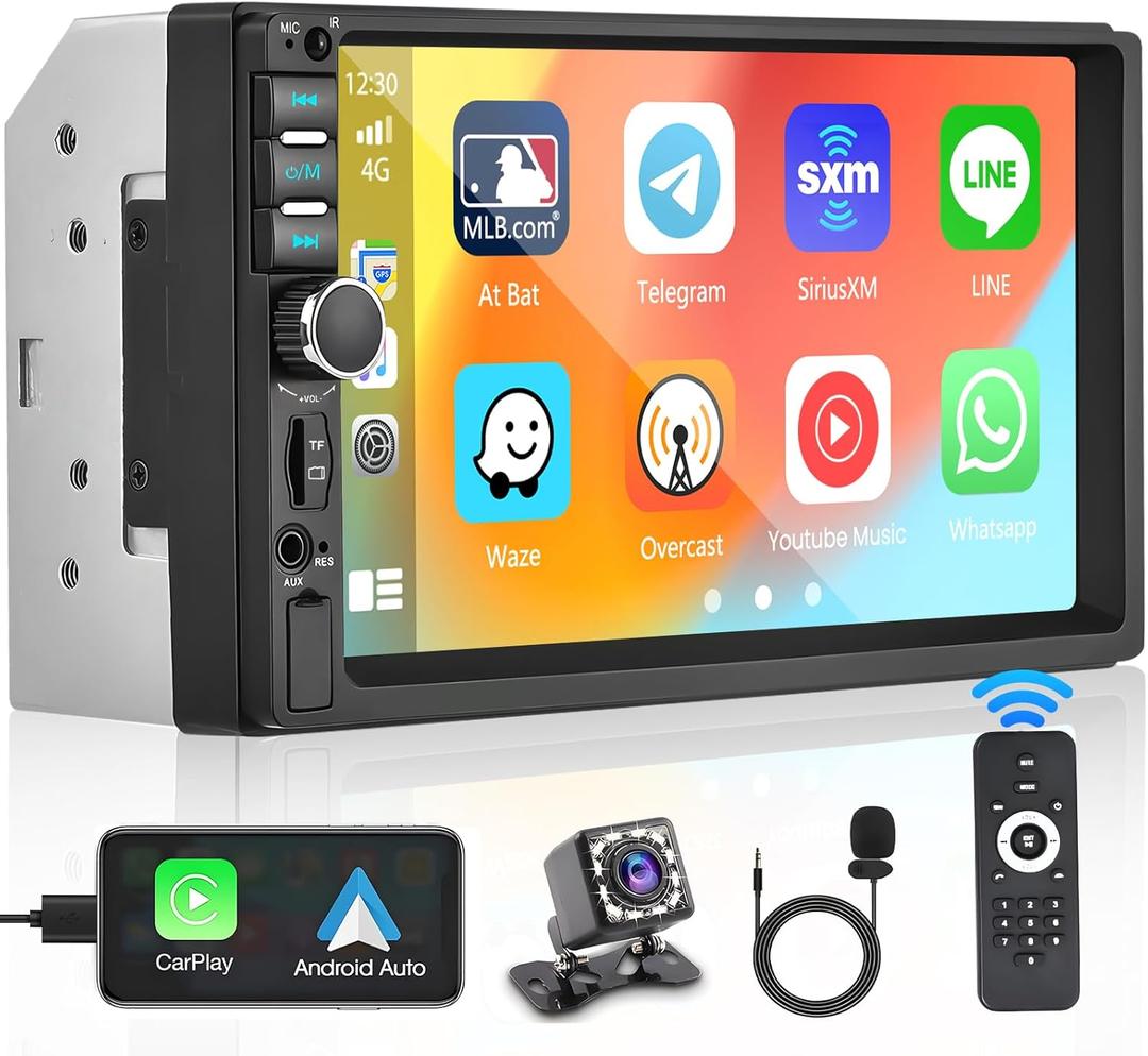 Double Din Car Stereo with Apple CarPlay and Android Auto, 7 Inch HD Touchscreen Car Radio, Bluetooth Car Audio Receivers, Backup Camera, Mirror Link, USB/AUX/TF/FM