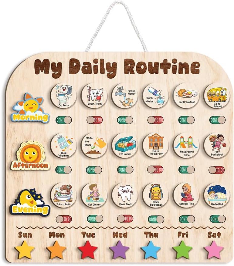 Wooden Daily Routine with Stars, Chore Chart for Kids, Visual Schedule for Kids, Morning Evening Routine Chart, Preschool Routine Chart, Routine Chart for Kids