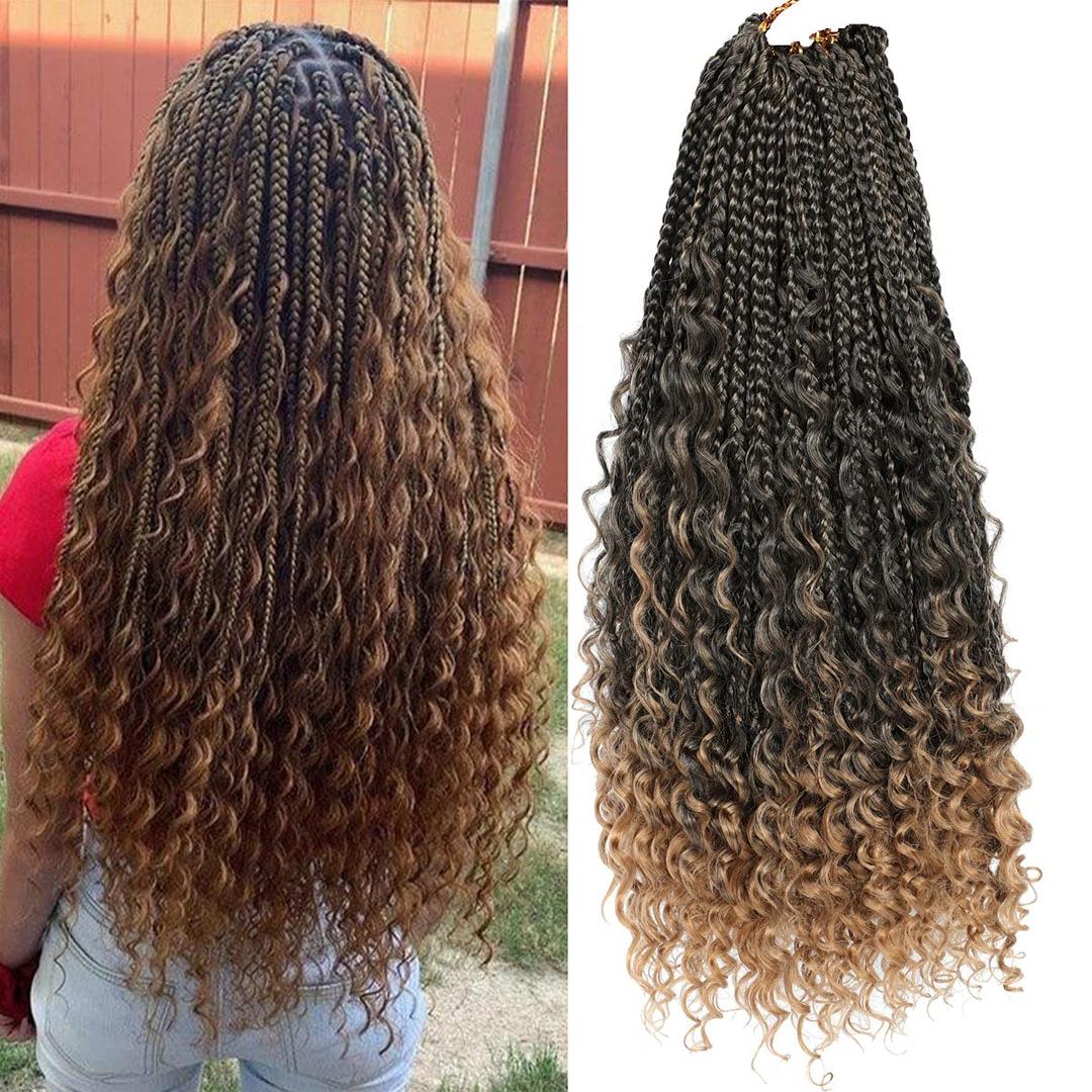 Crochet Box Braids Curly Ends 144 Strands 22 Inch Bohomian Crochet Braids Box Braids 3X Goddess Box Braids Crochet Hair Synthetic Crochet Braids Hair Extensions (22inch-6pack, T27)