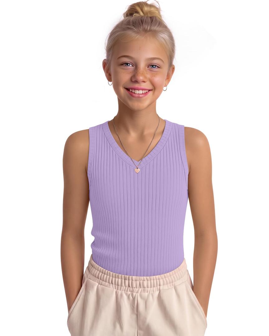 LessonZoo Girls' Tank Tops Sleeveless Shirts, Taro Purple, 13-14 Years