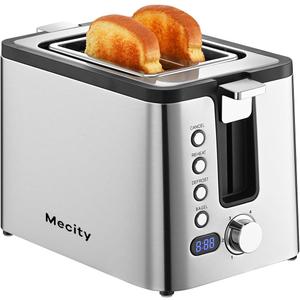 Mecity Toaster 2 Slice Stainless Steel Body, Timer, Bagel, Defrost, Reheat, Cancel Functions, Warming Rack, Removable Tray, 6 Browning Settings, Extra Wide Slots, Bread Toaster 800W