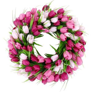 U'Artlines 20 Inch Tulip Wreath for Front Door, Spring Summer Silk Wreath with Green Leaves Artificial Tulip Flower Wreaths for All Seasons Window Wall Wedding Valentines Day Decor (Pink)