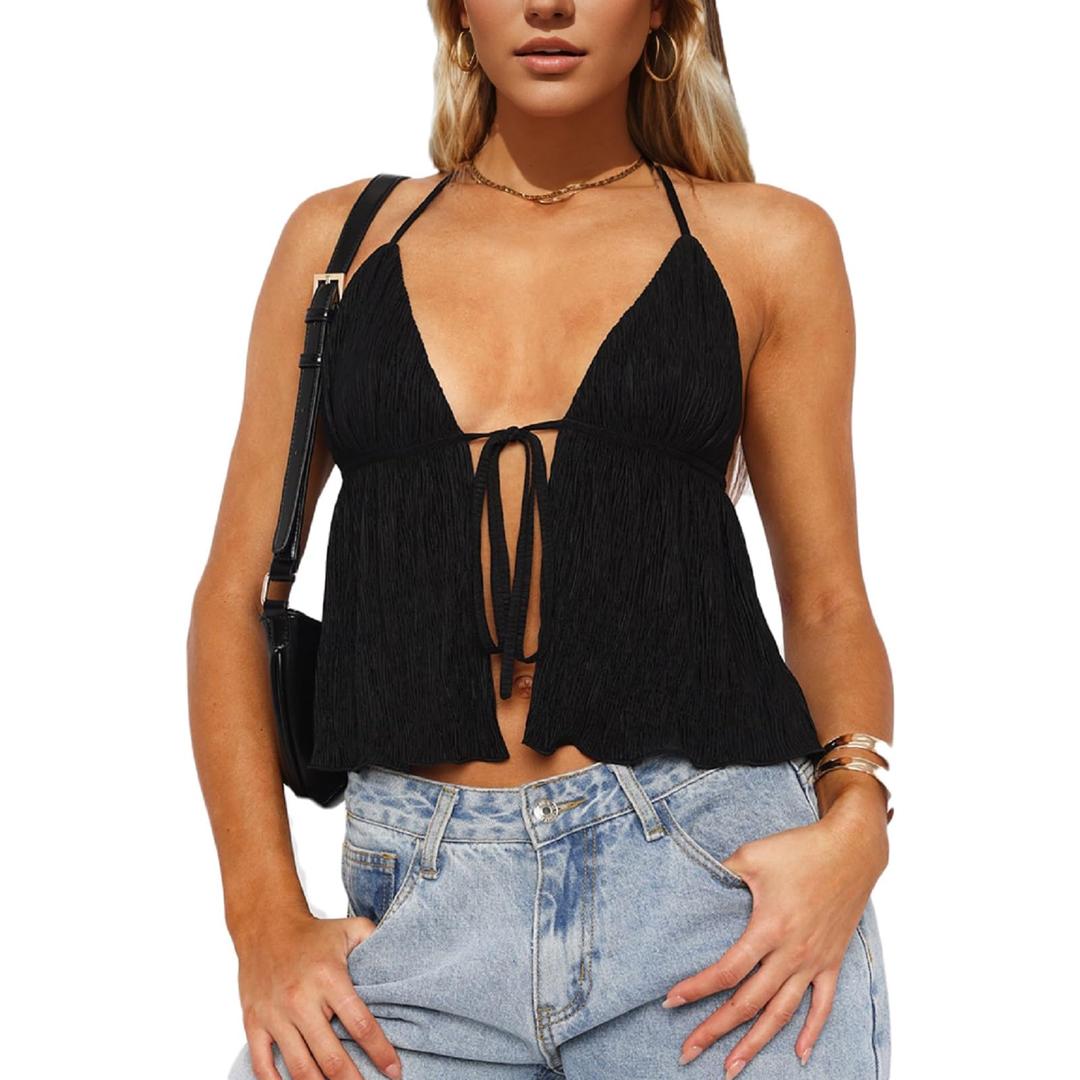 Women Y2k Front Tie Crop Tops Halter Neck Flowy Plisse Summer Going Out Top Sexy Split Sleeveless Cami Shirt, S
