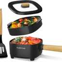 Audecook Hot Pot Electric 2L, Ceramic Glaze Non-Stick Frying Pan 8 Inch, Portable Travel Cooker for Ramen/Steak/Fried Rice/Oatmeal/Soup, with Dual Power Control (Silicone Spatula Included) (E(Black/with Steamer))