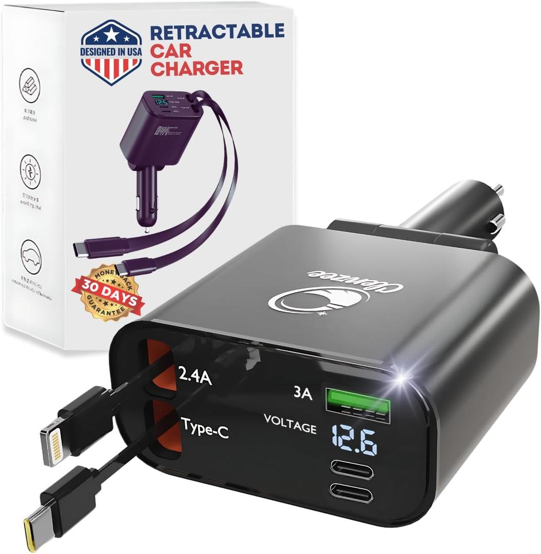Upgraded Retractable Car Charger 5 in 1 Fast Car Phone Charger | 2 Retractable Cords (Type-C & iOS) with Additional 3 Ports | Charge 5 Devices | Compatible with iPhone & Android Models