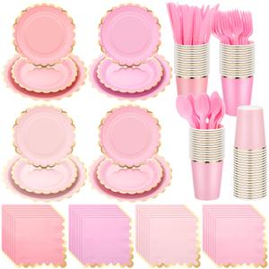 Yaomiao 168 Pcs Disposable Dinnerware Set Party Supplies, Scalloped Paper Plates Cups Napkin with Gold Foil Plastic Forks Knives Spoons Serve 24 Guests for Birthday Baby Shower (Pink,Square)