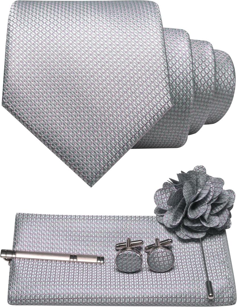 JEMYGINS Mens Tie and Lapel Pin Necktie Pocket Square Cufflinks and Tie Clip Sets for Business Casual 5PCS (Silver)