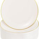 Nervure 100Pcs Ivory and Gold Plastic Plates - 10.25inch Disposable Ivory Dinner Plates - Heavy Duty Plastic Plate Ideal for Wedding & Party