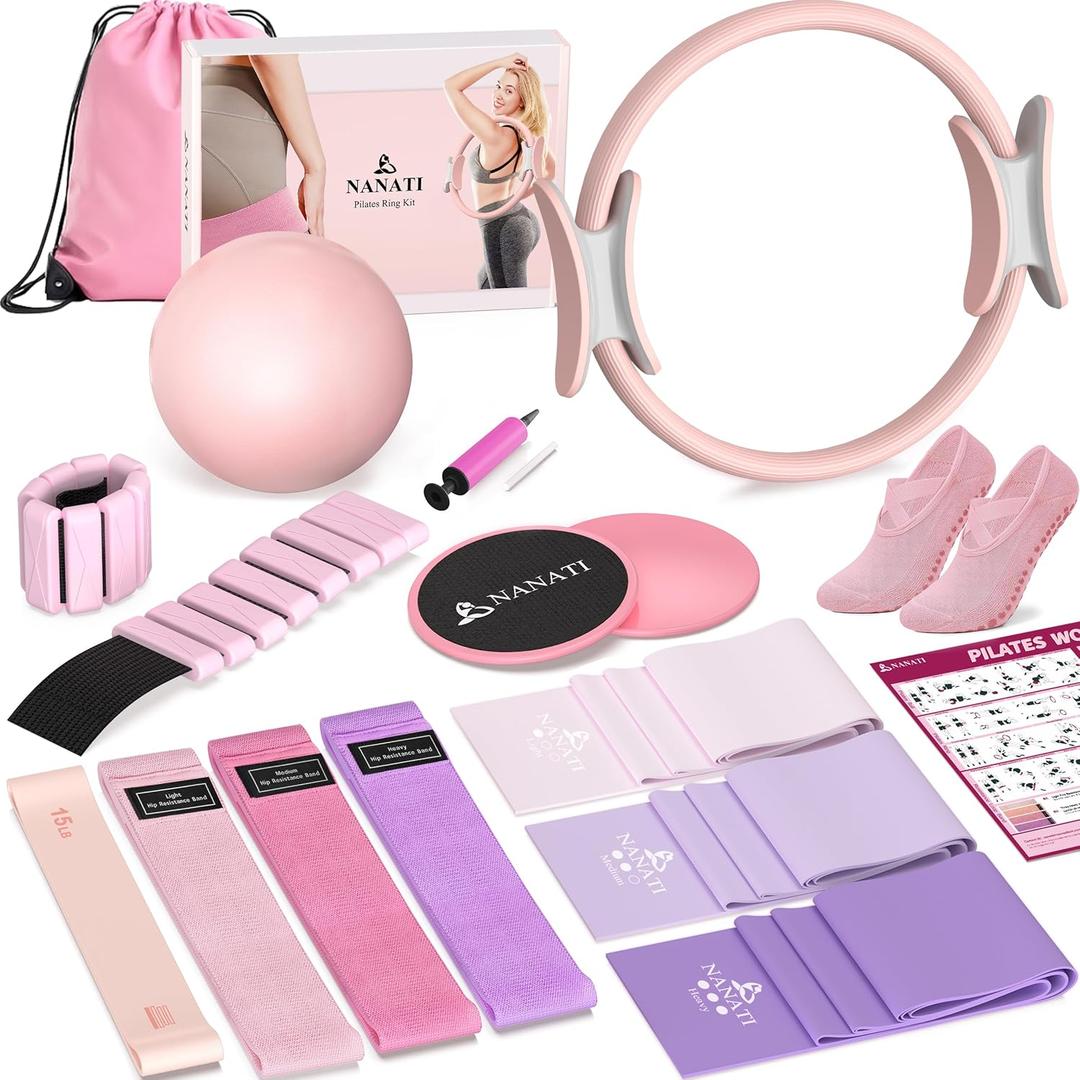 Pilates Kit, Home Pilates Workout Kit for Women, Pilates Equipment with 14.5" Pilates Ring and Ball, Resistance Bands, Ankle Weights, Sliders & Grip Socks Accessories for Starter Home Workouts