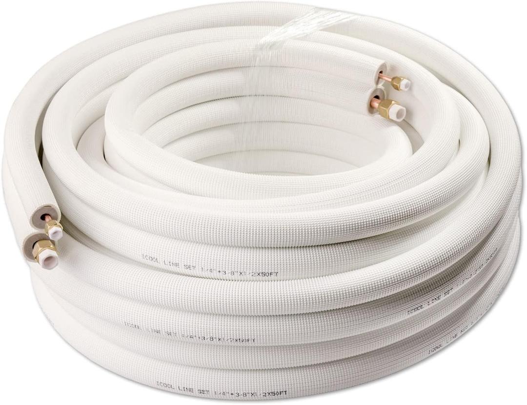 ICOOL 50 Ft. Mini Split Line Set, 1/4" & 3/8" O.D. Twin Copper Pipes, 3/8" Thickened PE Insulated Coil Copper Line with Nuts for Air Conditioner HVAC Refrigeration and Heating, without Fittings
